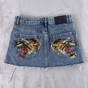 Ed Hardy Denim Mini Skirt Womens Size Small Blue Distressed Frayed Hem Y2K